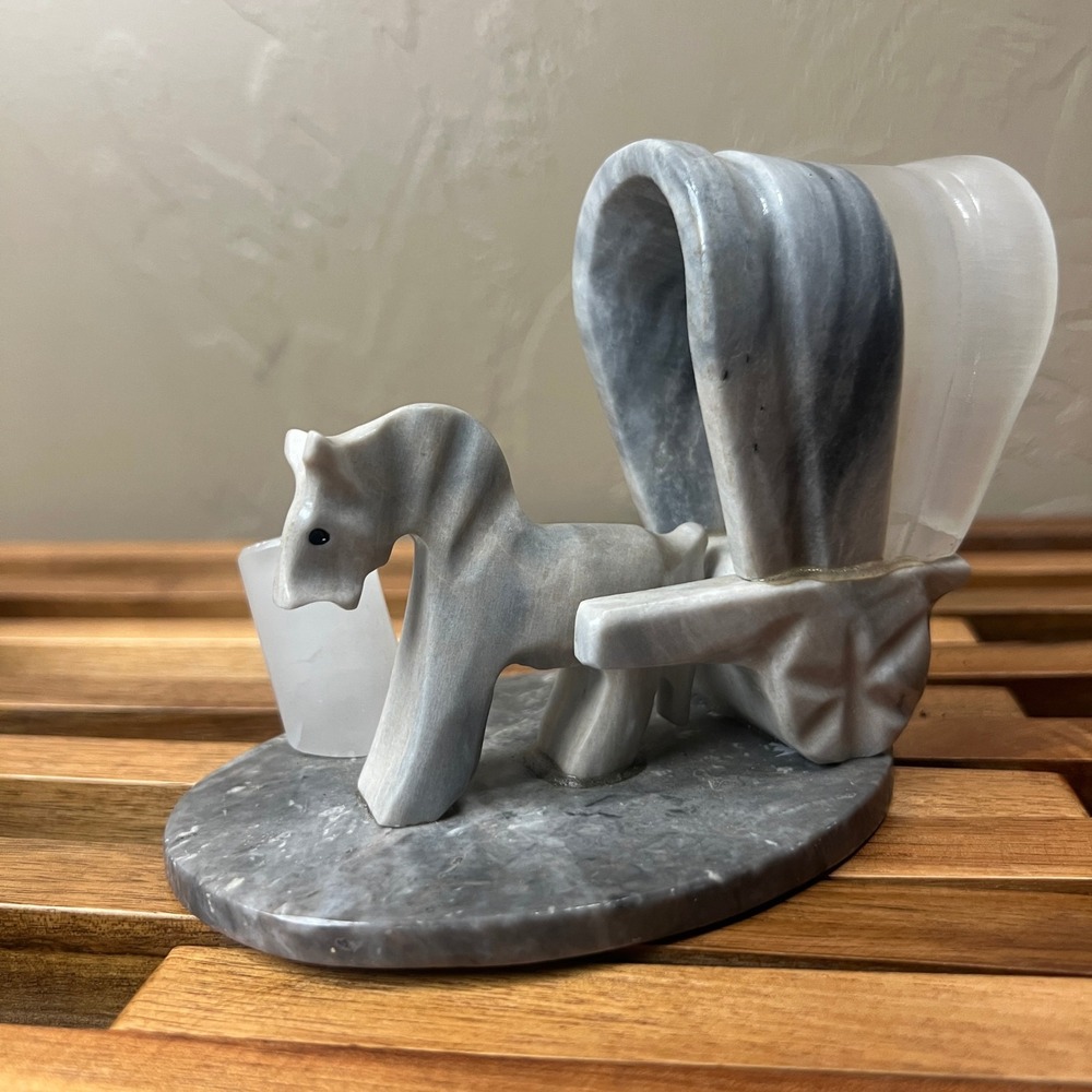 Vintage Hand Carved Marble Onyx Covered Wagon Horse Figurine Mexico Grey White